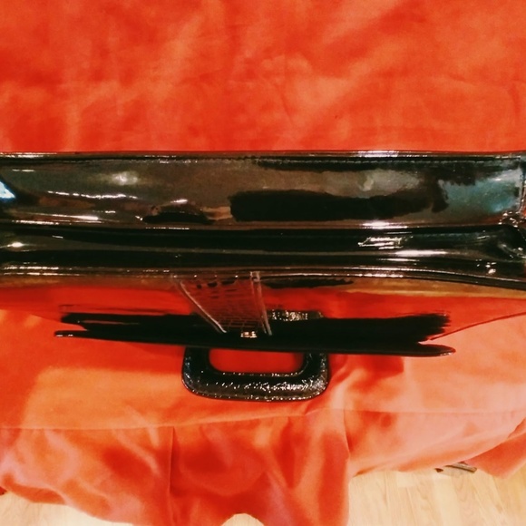 Black Faux Patent Leather Top Handle Vintage Briefcase Style Bag - Picture 4 of 11